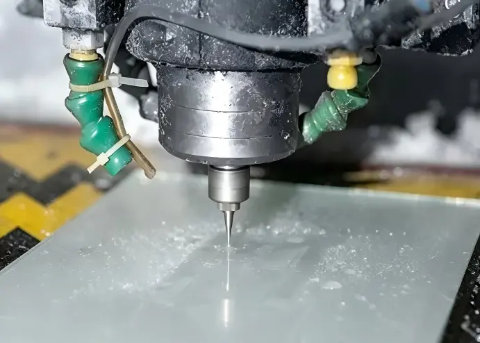 CNC drilling machine processing custom glass cover panel with coolant