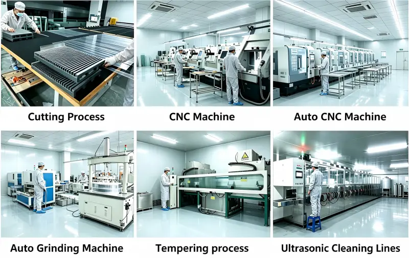 Full production line workflow for custom cover glass from printing to final inspection