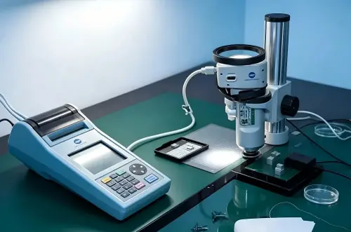 Microscopic surface inspection system analyzing glass edge quality and coating defects in laboratory