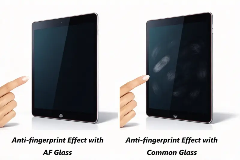 Comparison of anti-fingerprint performance: AF coated glass remains clean versus common glass with visible smudges