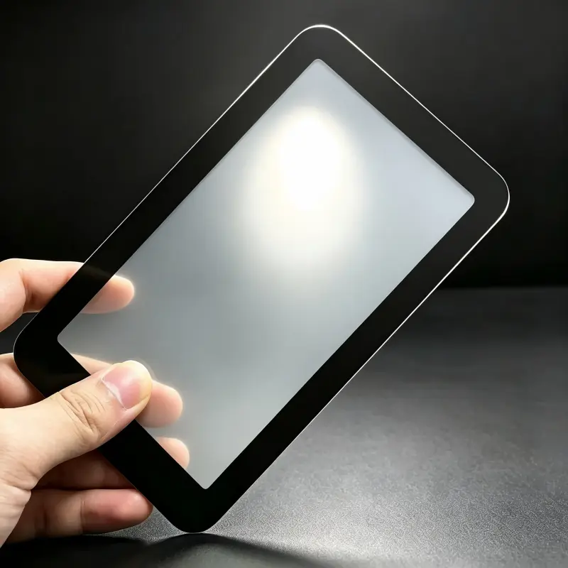 Close-up of AG anti-glare glass panel showing matte texture and soft light diffusion effect