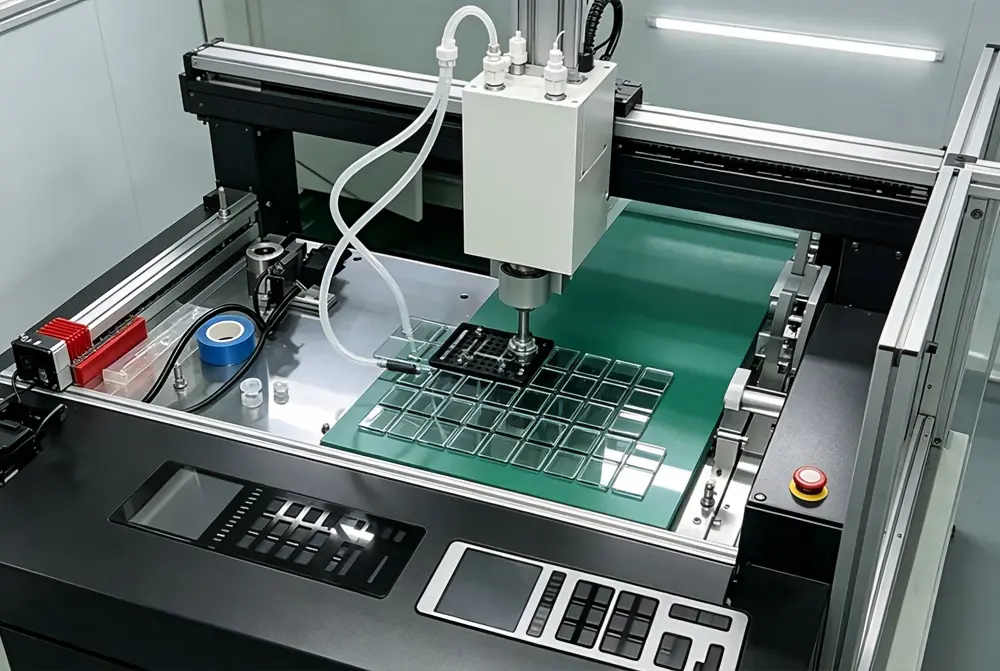 automated adhesive tape application of cover glass panels