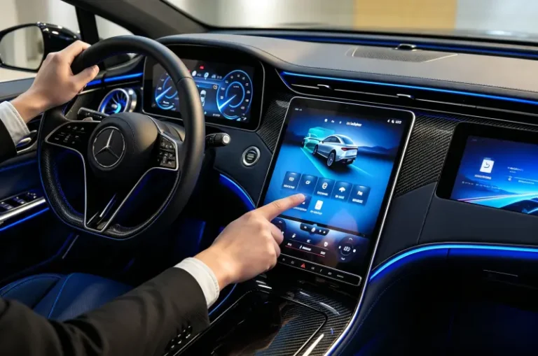 Smart automotive cockpit with central touchscreen display and digital dashboard