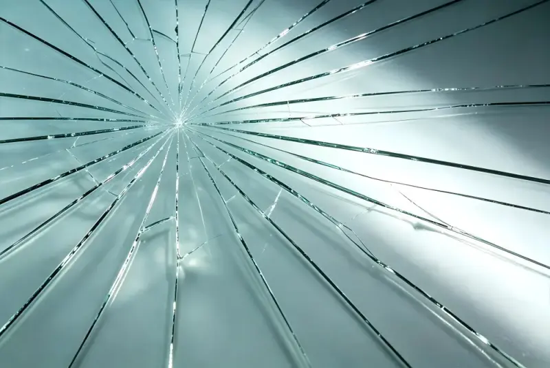 Shattered chemical strengthened glass showing fine crack pattern