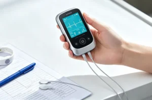 Handheld medical device featuring high-transparency protective glass cover for ECG monitoring