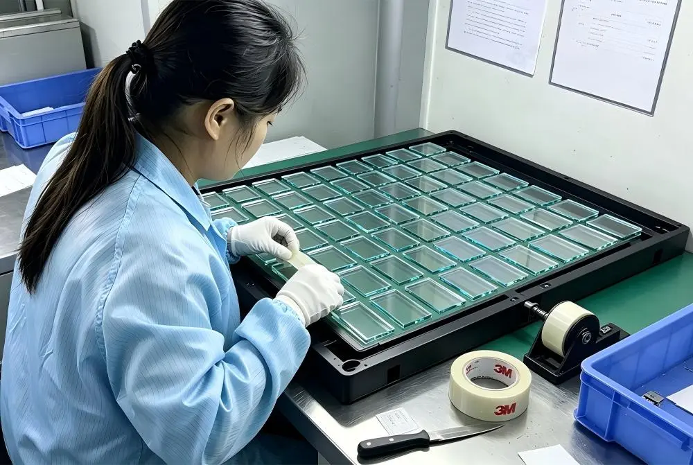 manual adhesive tape application of cover glass panels