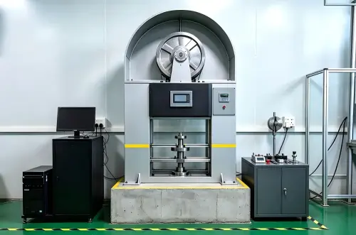 material testing machine conducting extreme tensile and compression tests on glass panels