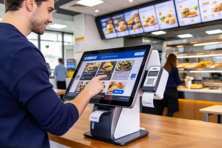Customer using a self-service ordering kiosk in a fast-food restaurant, highlighting the application of durable touchscreen cover glass