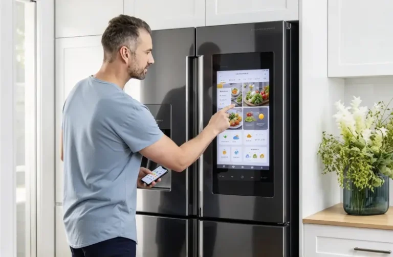 Smart fridge display demonstrating anti-fingerprint and oil-resistant glass performance in a demanding kitchen environment
