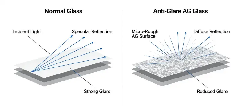 Anti-glare glass working principle compared with normal glass showing reduced glare and diffuse reflection