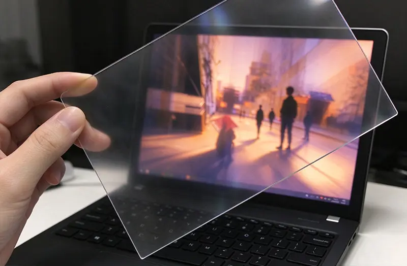 Glass coating process for display protection with a transparent coated glass panel placed over a laptop screen