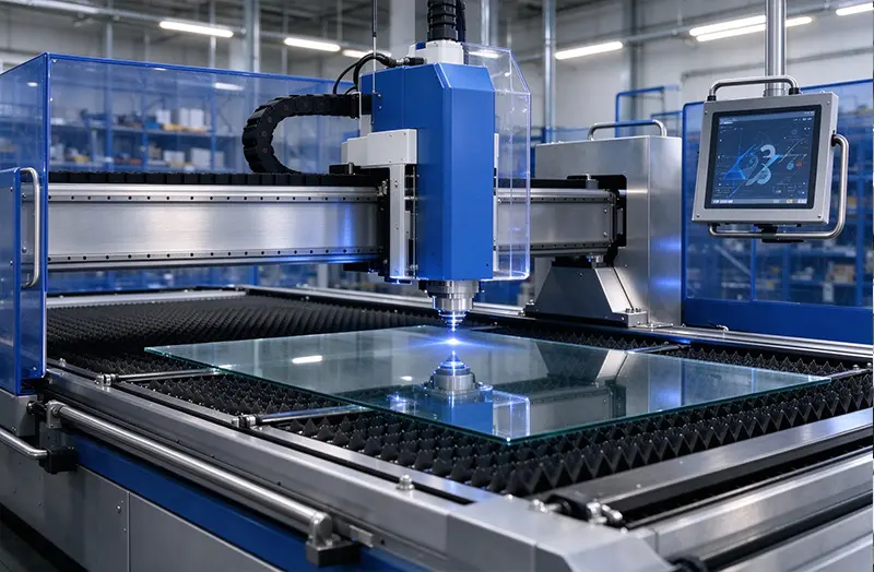 Precision glass cutting process using CNC machinery for industrial glass panels