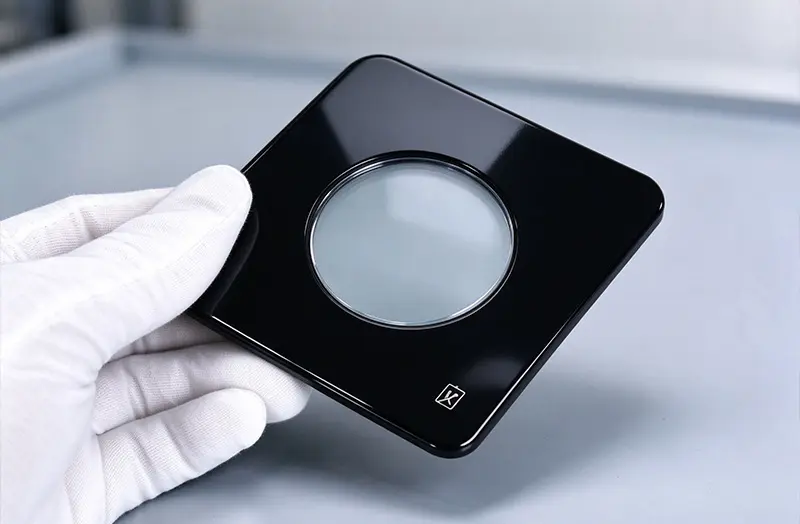 Screen printing process for custom glass panels with a black printed surface and precision circular opening