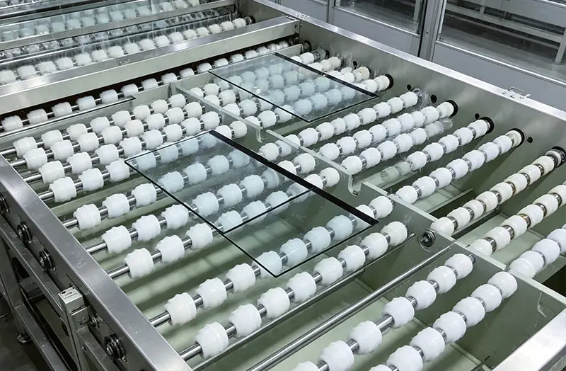 Ultrasonic cleaning process for industrial glass panels to remove dust, particles, and surface contaminants